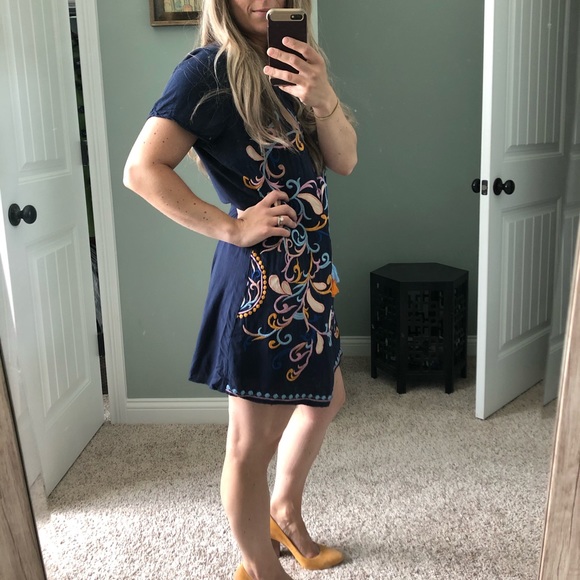 Navy cotton woven dress with embroidery - Picture 2 of 5